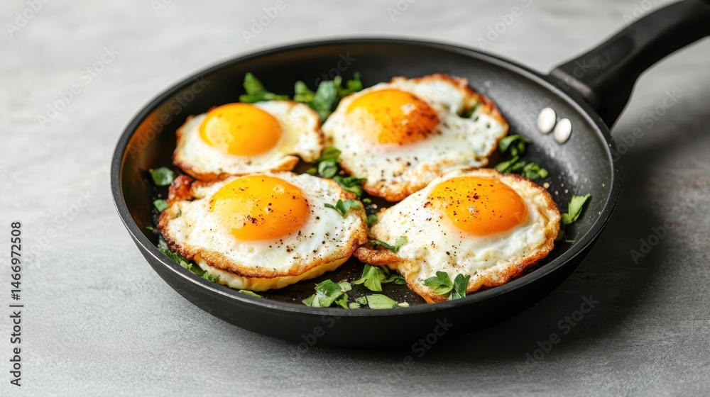 This close-up image features perfectly fried eggs in a frying pan with vibrant green herbs, showcasing a delicious and classic breakfast meal that's visually appealing. This close-up image features perfectly fried eggs in a frying pan with vibrant green herbs, showcasing a delicious and classic breakfast meal that's visually appealing.