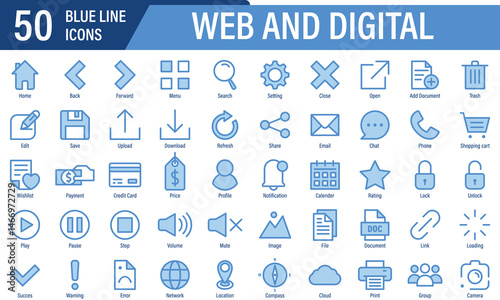 Collection of web and digital icons set in blue line style, for computer and mobile