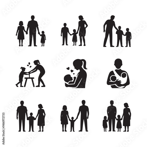 Black Silhouette Icons of Family Life – Parents, Children, Grandparents, and Daily Activities