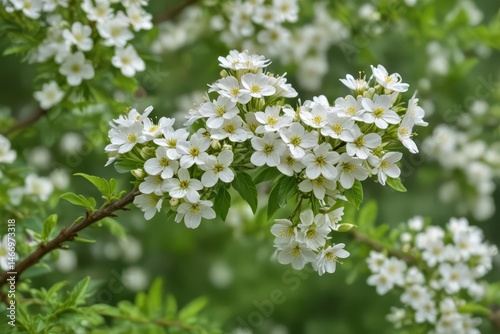 Abundant small white flowers on a lush green branch  Close-up ,  lush foliage,  nature photography