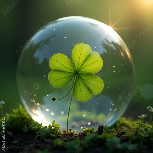 Green Four-Leaf Clover Facing Upwards From Low Angle View