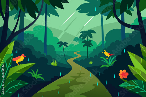 rain kissed tropical forest trail with orchids 