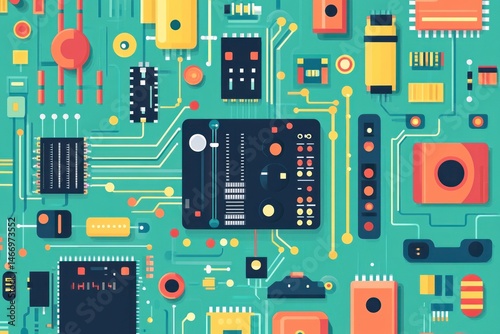 Abstract colorful illustration of a circuit board with various electronic components.