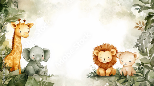 Fototapeta Naklejka Na Ścianę i Meble -  Adorable watercolor jungle animals — elephant, lion, and giraffe — surrounded by tropical leaves, perfect for nursery art or birthday invites. Generative AI