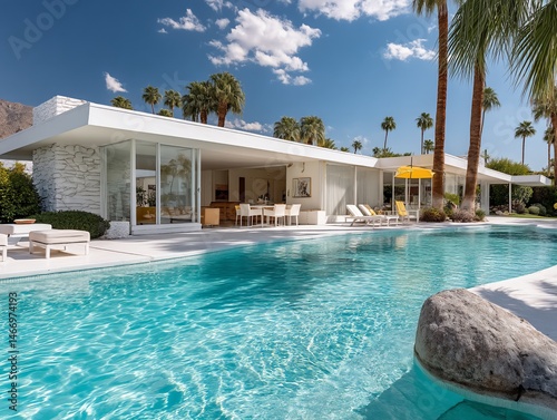 Mid-century modern house with pool, desert landscaping, and bright interior visible through glass walls