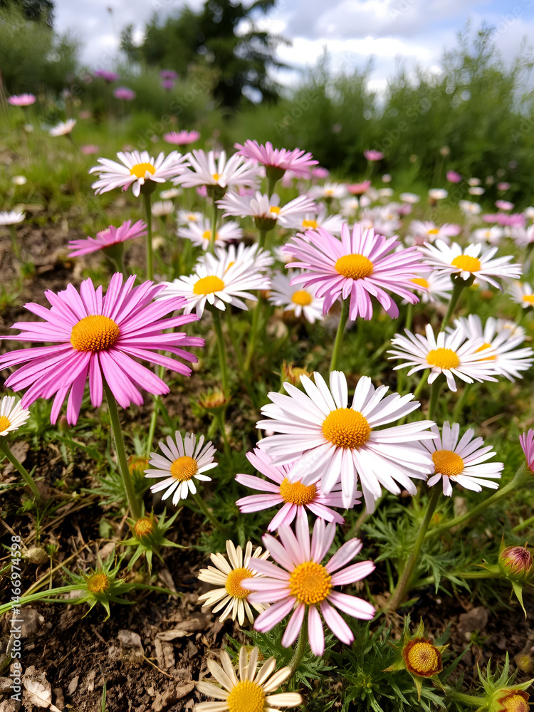 Fototapeta premium ground level shot of pink and white everlastings