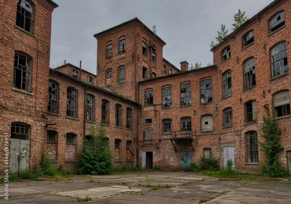 Fototapeta premium A courtyard view of an old abandoned brick factory with broken windows and overgrown vegetation around it