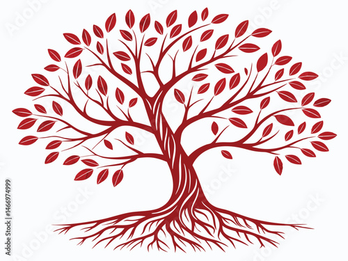 Abstract nature design featuring a silhouette tree with red hearts and flowers on its branches, a vector illustration symbolizing love in the spring season