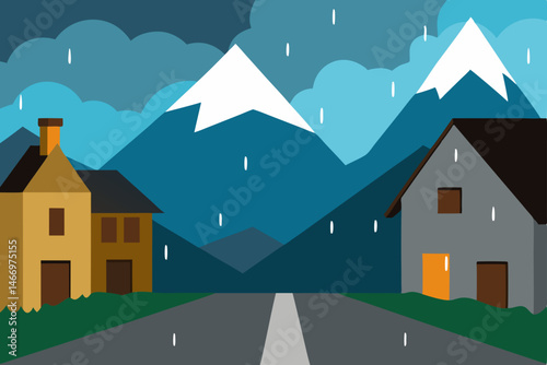 rainy alpine village street with stone houses 