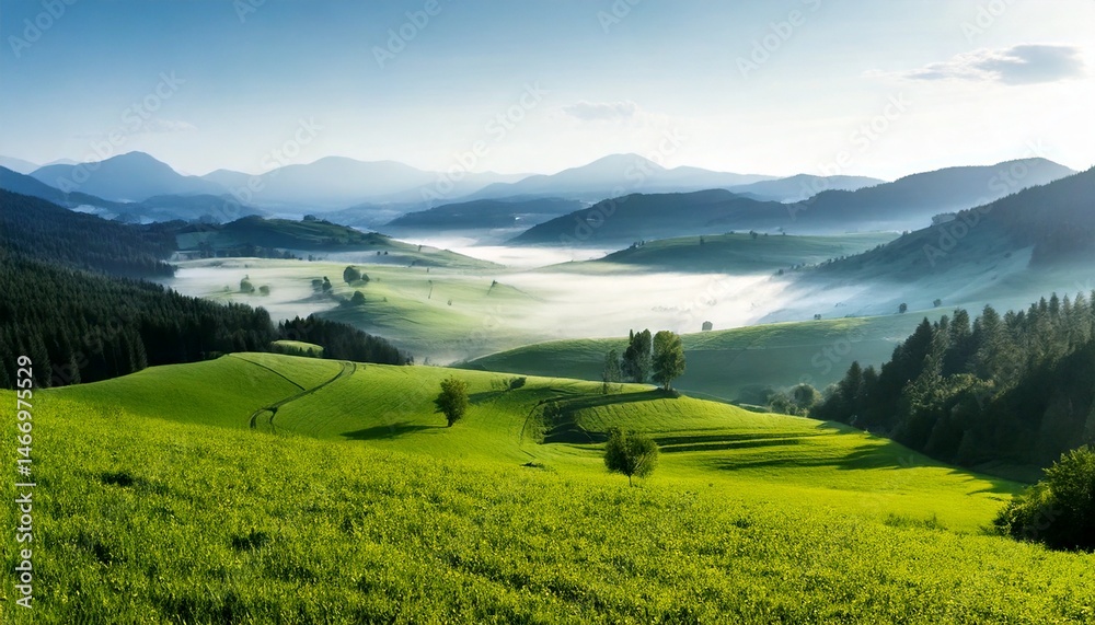 Obraz premium Paisaje de valle brumoso con campo verde y montañas brumosas; hermoso fondo de pantalla matutino; fondo pintoresco inspirador para pancartas o postales, espacio de copia, diseño de lugar, inspiración
