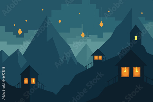 rainy mountain village with lanterns glowing 