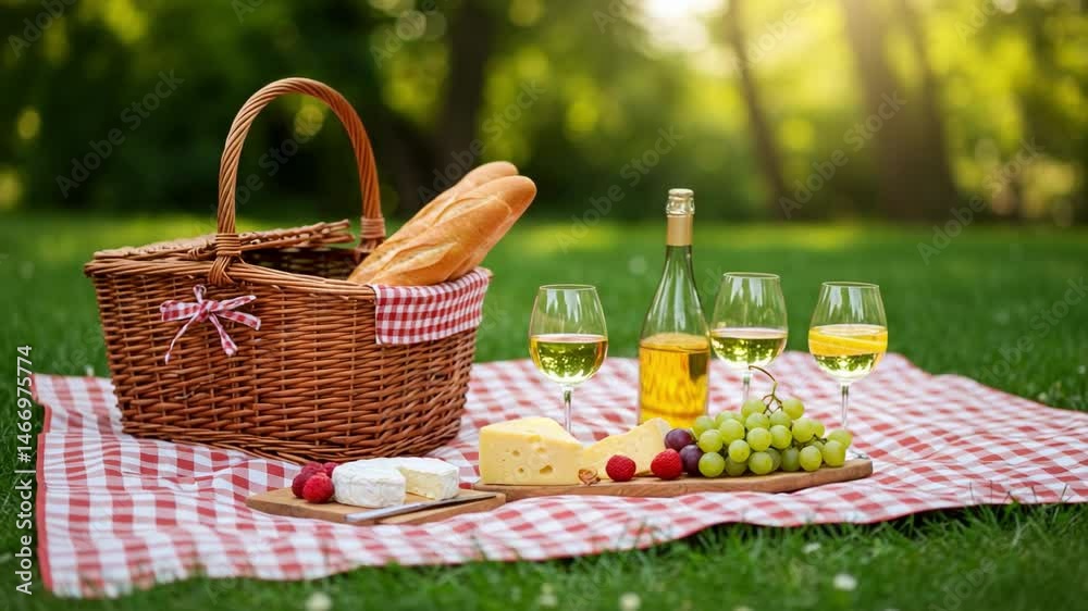 A picnic basket with baguettes, wine, cheese, and fruit is set on a checkered blanket in a sunny park, creating an idyllic scene for outdoor leisure, romance or a social gathering A picnic basket with baguettes, wine, cheese, and fruit is set on a checkered blanket in a sunny park, creating an idyllic scene for outdoor leisure, romance or a social gathering