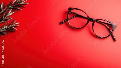 A pair of trendy cat-eye glasses rests gracefully on a vibrant red surface, showcasing elegance and style perfect for fashion-forward individuals and eyewear enthusiasts. photo