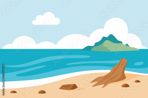 remote island beach with driftwood  shells  