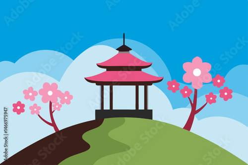 remote hilltop gazebo surrounded by blooming cherr.svg