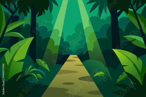 remote jungle path with shafts of light cutting 
