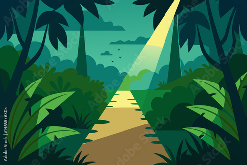 remote jungle path with shafts of light cutting