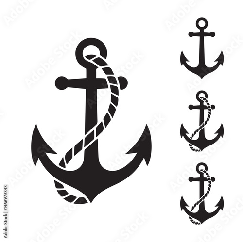 Black anchor icon set silhouette vector 