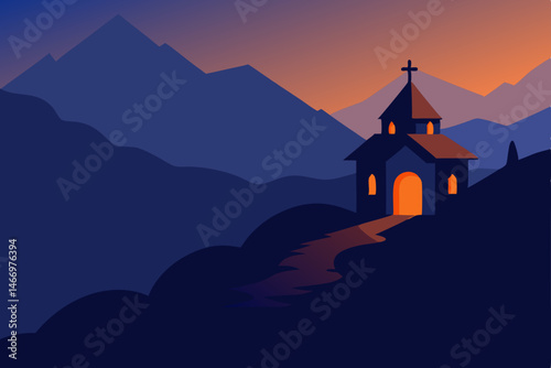 remote mountain chapel with warm light glowing 