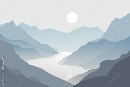 remote valley cloaked in mist with faint sunbeams  