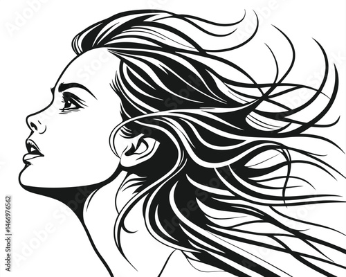 A vector illustration showcases the beauty of a woman's face with long, flowing hair in a fashionable silhouette