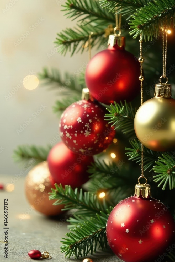 Fototapeta premium Set of vibrant red, gold, and green glass Christmas ornaments , closeup, reflection, decor