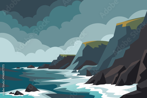 rocky coastline with crashing surf and overcast sk.svg