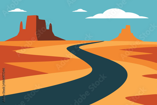 rocky desert road winding between massive buttes 