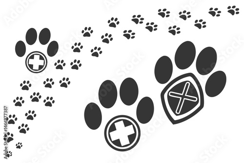 109 Black paw prints, animal tracks, silhouette, graphic design, simple shapes, bold contrast, repetitive pattern, minimalist style, pet footprints, canine or feline paws, vector illustration, monochr