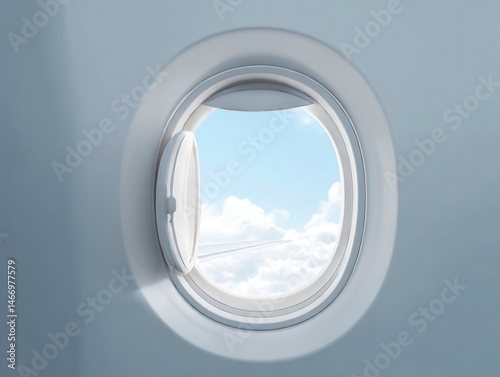Aircraft window. Realistic airplane porthole with open shade, plane cabin interior. Mockup illuminator of white plastic and clear plexiglass