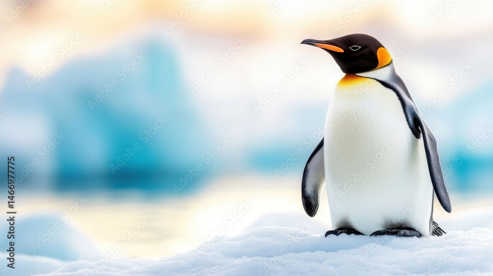 Fototapeta premium A stunning Emperor penguin stands majestically against the icy backdrop, showcasing its striking features and vibrant colors, a symbol of resilience and beauty in nature.