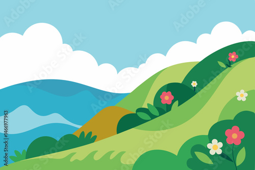 rolling coastal hills with wildflowers and waves 