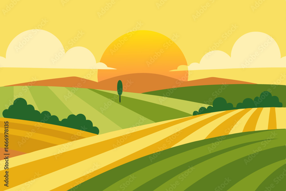 Obraz premium rolling farmland at sunrise with golden mist risin.svg