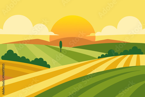 rolling farmland at sunrise with golden mist risin.svg
