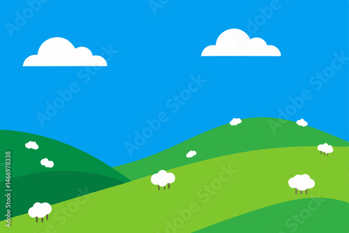 rolling hills dotted with grazing sheep under 