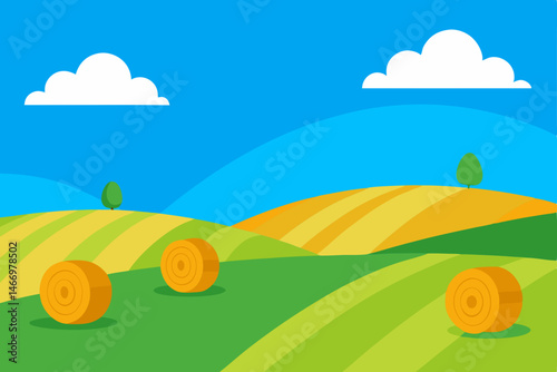 rolling hills with scattered hay bales under blue .svg