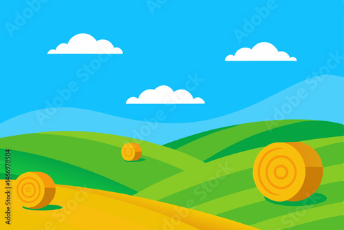 rolling hills with scattered hay bales under blue 