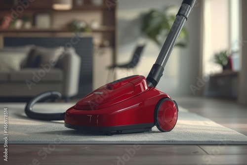 Vacuum cleaner on a carpet in a modern living room setting.