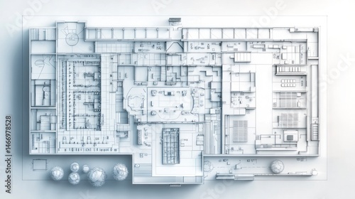 Top-down view of a detailed architectural blueprint for a large building, showcasing rooms, corridors, and landscaping.