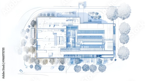Aerial view of a building's blueprint with surrounding trees and landscaping.