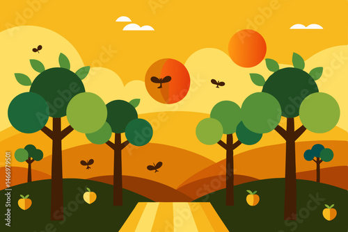 rural orchard at golden hour with ripened fruit an.svg