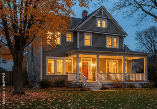 A two story house with a porch and a tree with orange leaves in the front yard at dusk time