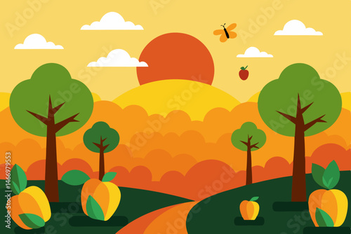 rural orchard at golden hour with ripened fruit 
