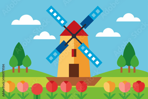 rural windmill surrounded by tulip fields in full 