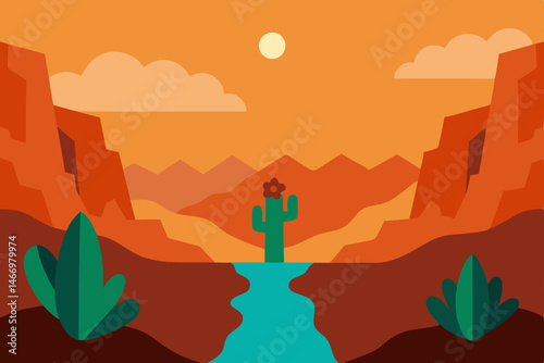 secluded desert canyon with cactus blooming after  
