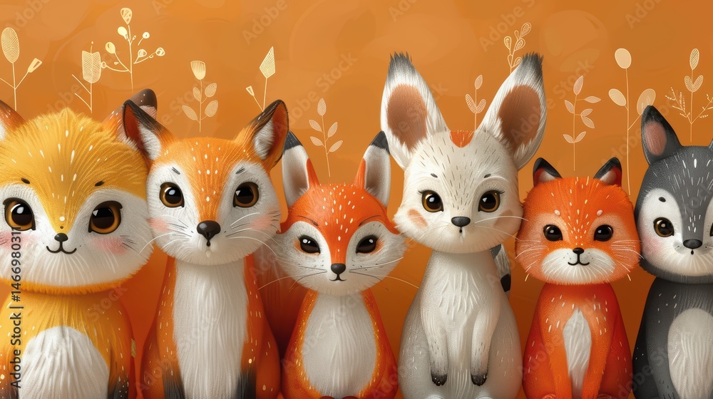 Fototapeta premium Adorable anthropomorphic animal characters in warm orange and brown tones, cartoon design with friendly group composition.