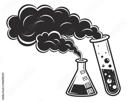 Under a cloudy sky with potential for rain, a blue vector design illustrates a nuclear power plant beside a chemical laboratory with beakers and flasks, representing science and industry
