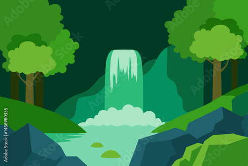 secluded forest waterfall with moss covered stones.svg