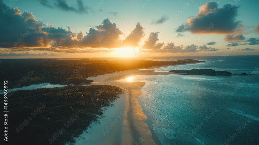 Obraz premium Dramatic coastal sunset over a pristine beach and forest.