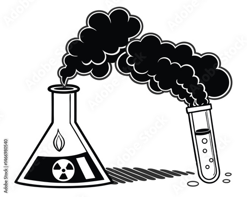 A blue liquid chemical with a scientific formula resides in a glass flask, near a test tube, essential laboratory equipment for chemistry research